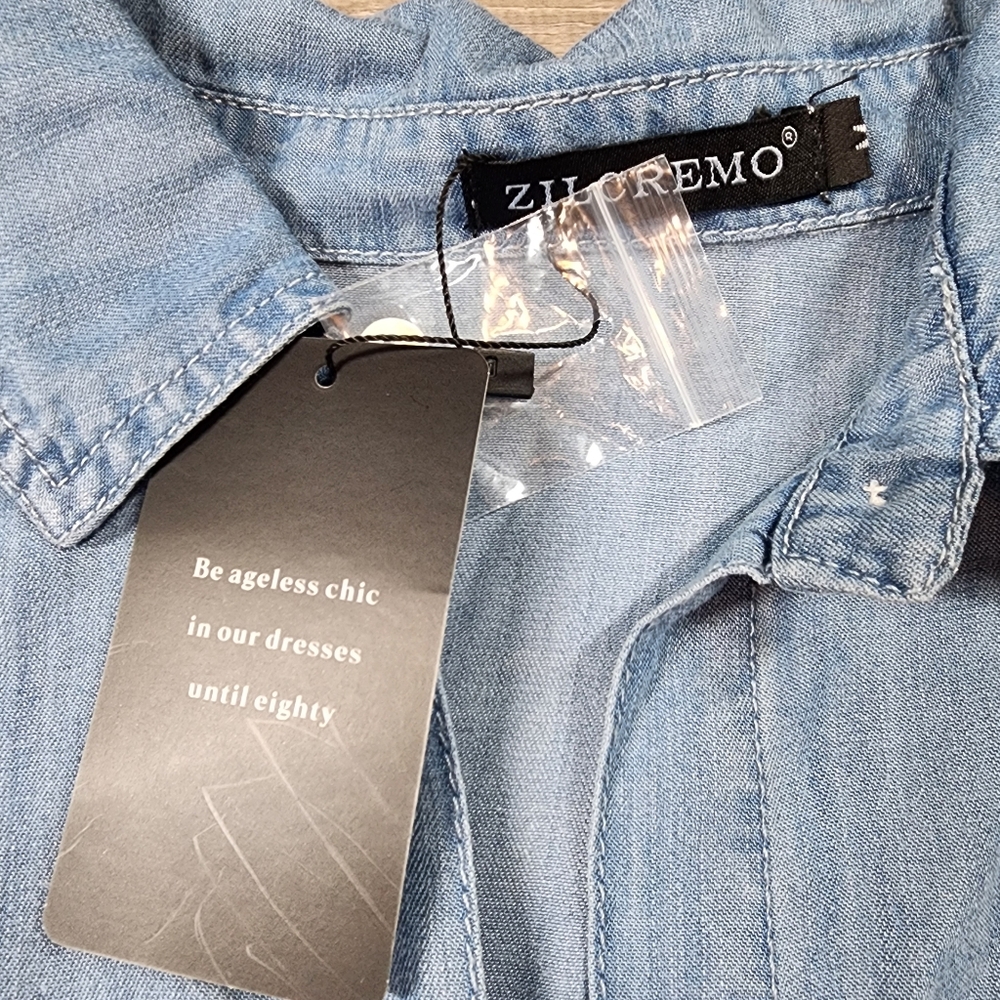 NWT ZILCREMO Blue Chambray Button Down Denim Shirt Dress Short Sleeve Medium - Picture 3 of 12